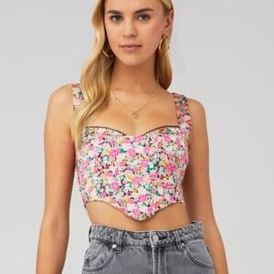 For Love & Lemons Womens Gladiola Floral Corset Top Sweetheart Scallop Trim Sz S